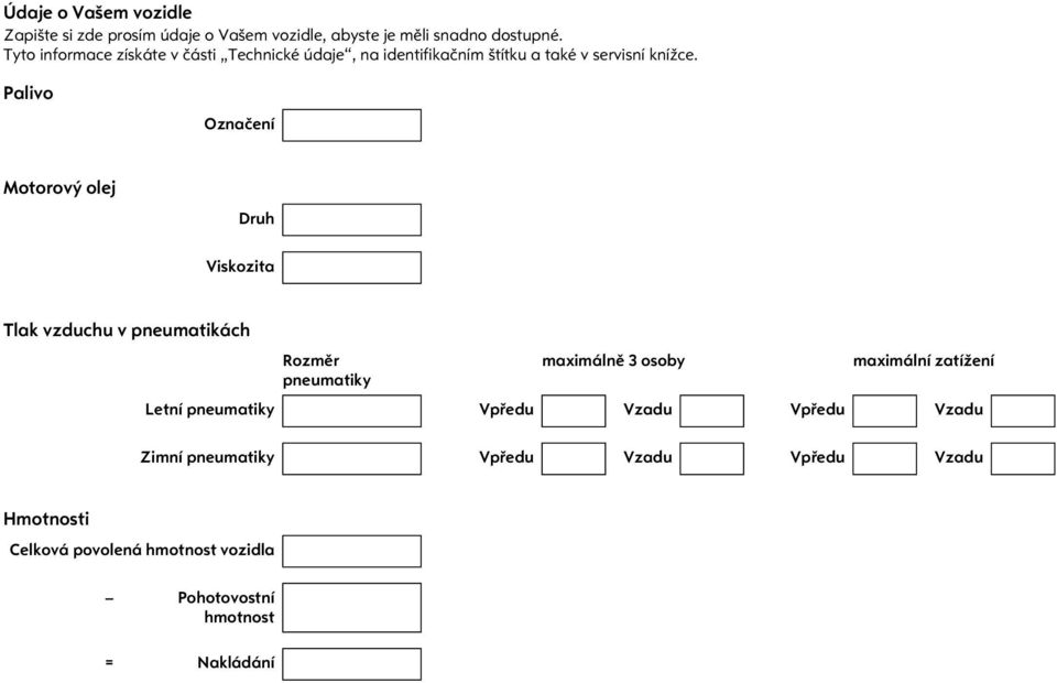 Palivo Oznaèení Motorový olej Druh Viskozita Tlak vzduchu v pneumatikách Rozmìr maximálnì 3 osoby maximální zatížení