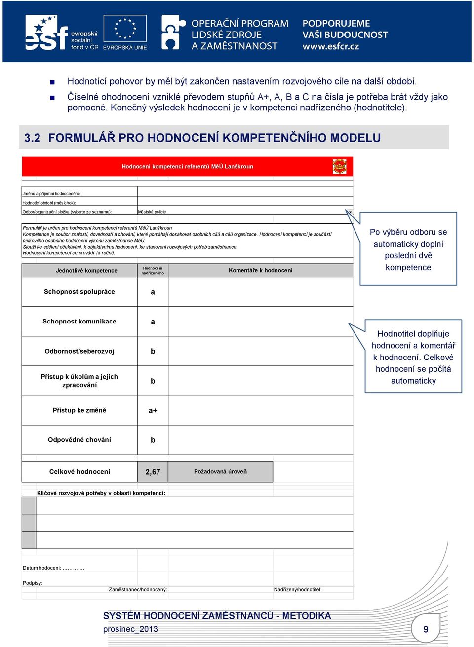 2 FORMULÁŘ PRO HODNOCENÍ KOMPETENČNÍHO MODELU Hodnocení kompetencí referentů MěÚ Lanškroun Jméno a příjemní hodnoceného: Hodnotící období (měsíc/rok): Odbor/organizační složka (vyberte ze seznamu):
