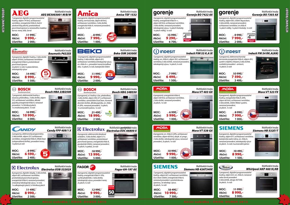 programovatelné hodiny, energetická třída A++, objem 60 litrů, ochlazovací ventilátor, 3 skla dvířek, nerezové provedení, teleskopický výsuv, 1x plech hluboký, 1x plech mělký, 1x rošt hodiny, objem