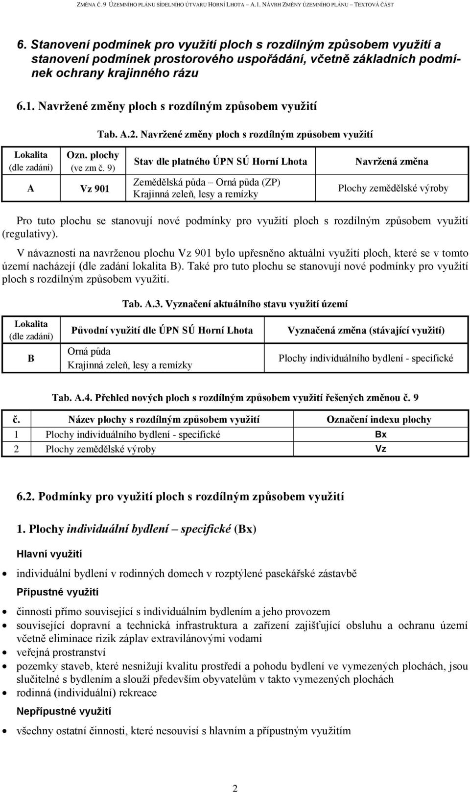 9) A Vz 901 Stav dle platného ÚPN SÚ Horní Lhota Zemědělská půda Orná půda (ZP) Krajinná zeleň, lesy a remízky Navržená změna Plochy zemědělské výroby Pro tuto plochu se stanovují nové podmínky pro