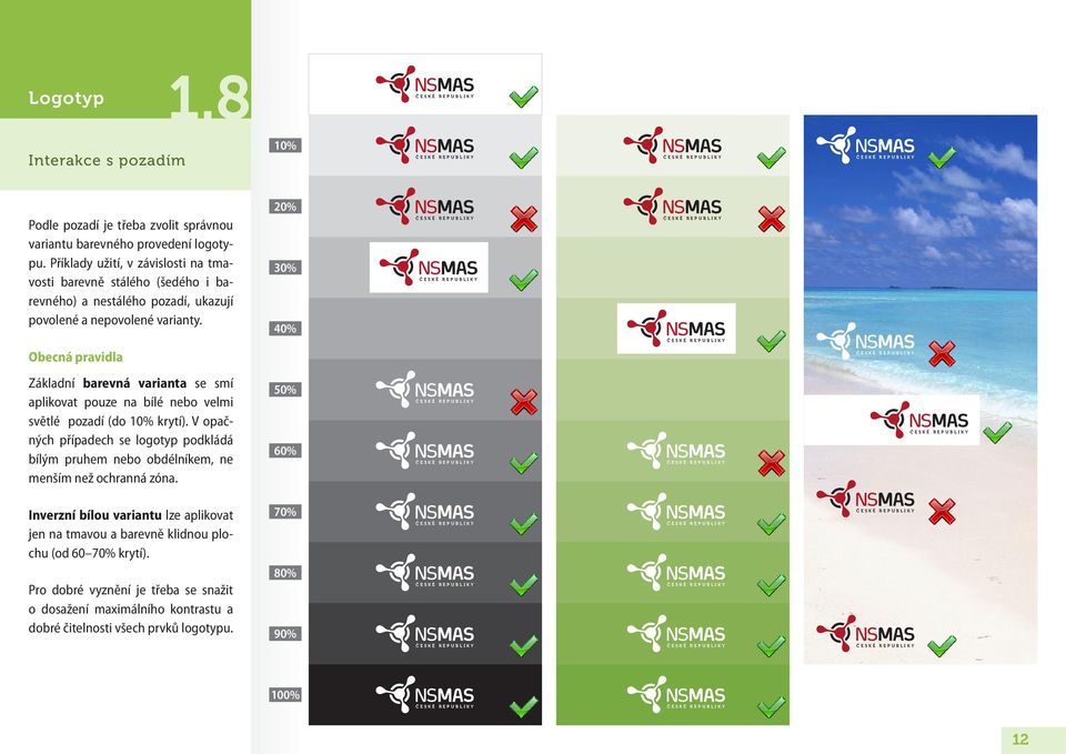 20% 30% 40% Obecná pravidla Základní barevná varianta se smí aplikovat pouze na bílé nebo velmi světlé pozadí (do 10% krytí).