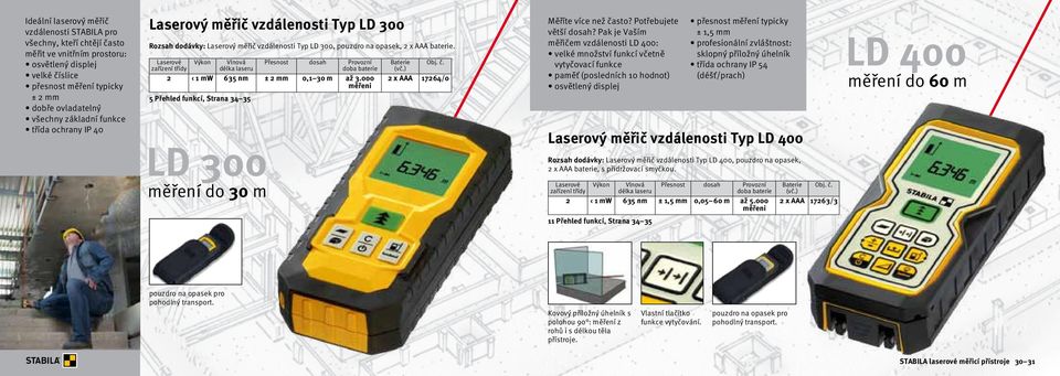 Laserové zařízení třídy Výkon Vlnová délka laseru Přesnost dosah Provozní doba baterie 2 1 mw 635 nm ± 2 mm 0,1 30 m až 3.000 měřeni 5 Přehled funkcí, Strana 34 35 LD 300 měření do 30 m Baterie Obj.