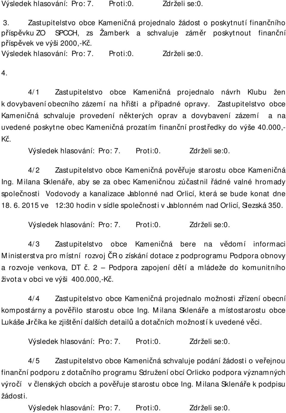 Proti:0. Zdrželi se:0. 4. 4/1 Zastupitelstvo obce Kameničná projednalo návrh Klubu žen k dovybavení obecního zázemí na hřišti a případné opravy.