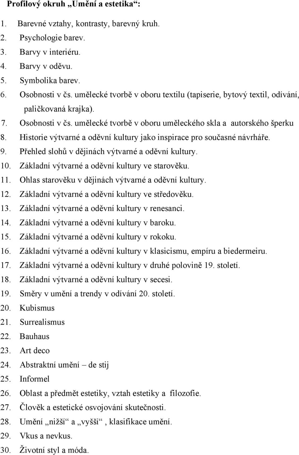 Historie výtvarné a oděvní kultury jako inspirace pro současné návrháře. 9. Přehled slohů v dějinách výtvarné a oděvní kultury. 10. Základní výtvarné a oděvní kultury ve starověku. 11.