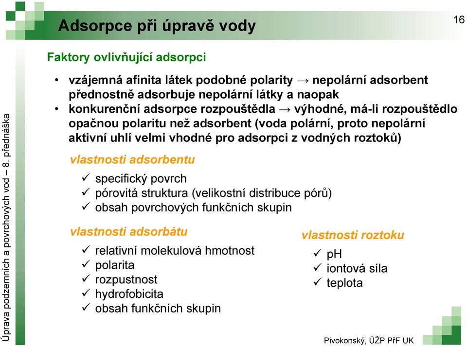 vhodné pro adsorpci z vodných roztoků) vlastnosti adsorbentu specifický povrch pórovitá struktura (velikostní distribuce pórů) obsah povrchových