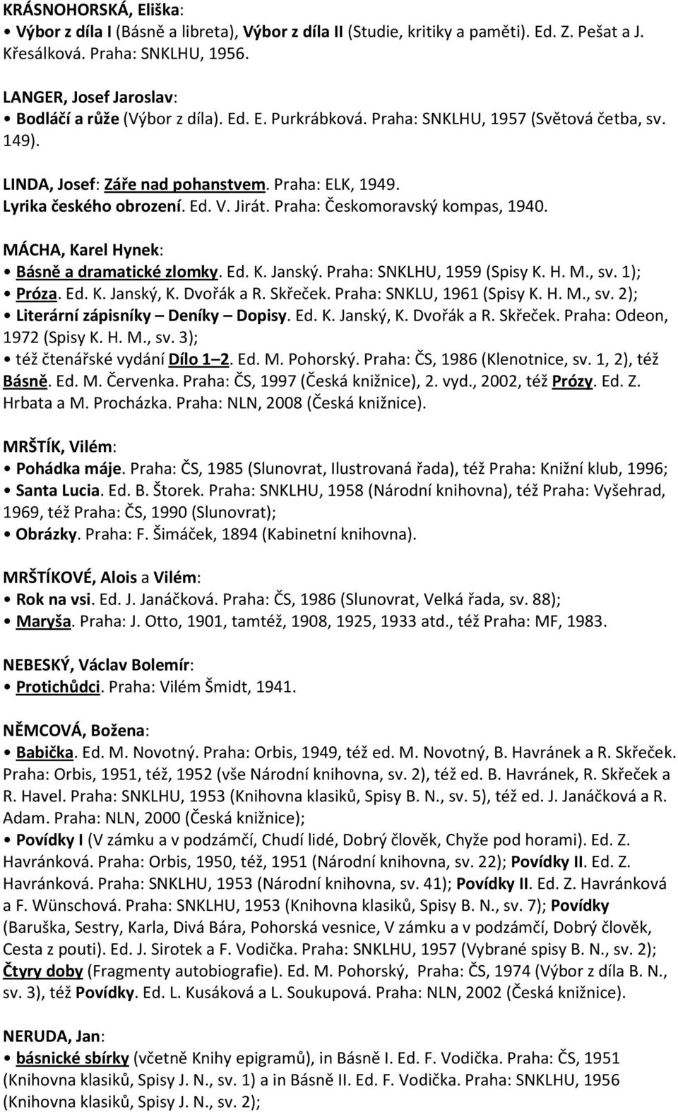 Ed. V. Jirát. Praha: Českomoravský kompas, 1940. MÁCHA, Karel Hynek: Básně a dramatické zlomky. Ed. K. Janský. Praha: SNKLHU, 1959 (Spisy K. H. M., sv. 1); Próza. Ed. K. Janský, K. Dvořák a R.