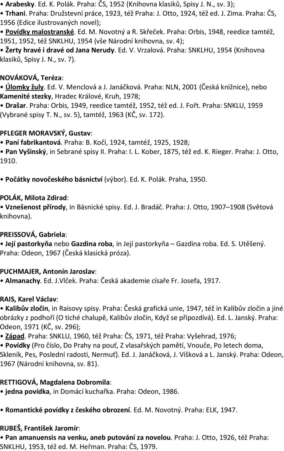 4); Žerty hravé i dravé od Jana Nerudy. Ed. V. Vrzalová. Praha: SNKLHU, 1954 (Knihovna klasiků, Spisy J. N., sv. 7). NOVÁKOVÁ, Teréza: Úlomky žuly. Ed. V. Menclová a J. Janáčková.