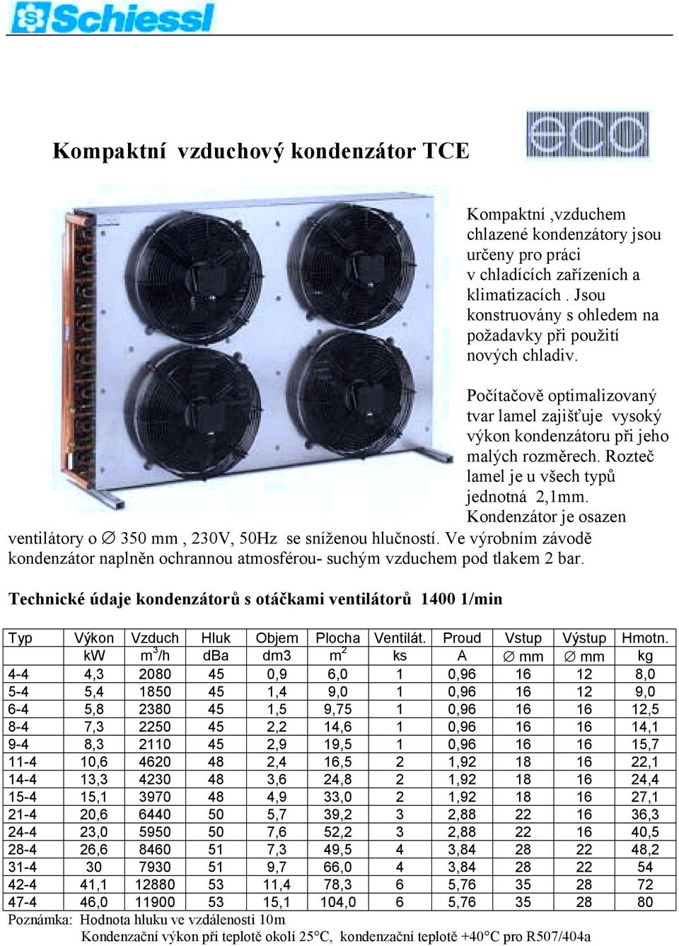 Rozteč lamel je u všech typů jednotná 2,1mm. Kondenzátor je osazen ventilátory o 350 mm, 230V, 50Hz se sníženou hlučností.