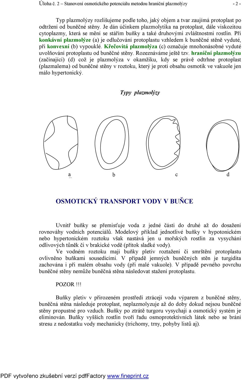 Při konkávní plazmolýze (a) je odlučování protoplastu vzhledem k buněčné stěně vyduté, při konvexní (b) vypouklé.