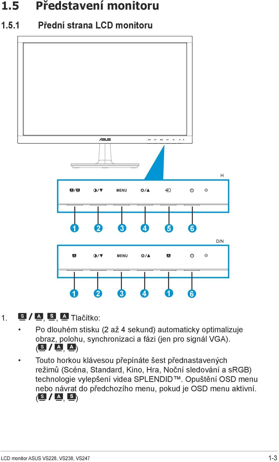 VGA). (, ) Touto horkou klávesou přepínáte šest přednastavených režimů (Scéna, Standard, Kino, Hra, Noční sledování a srgb)