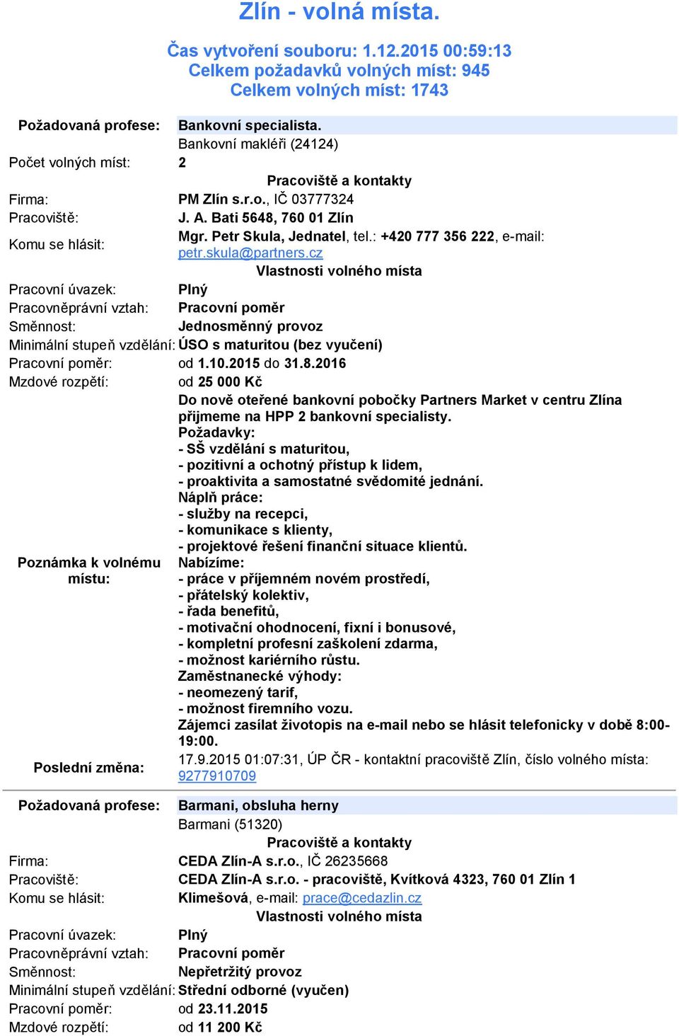 cz Minimální stupeň vzdělání: ÚSO s maturitou (bez vyučení) Pracovní poměr: od 1.10.2015 do 31.8.