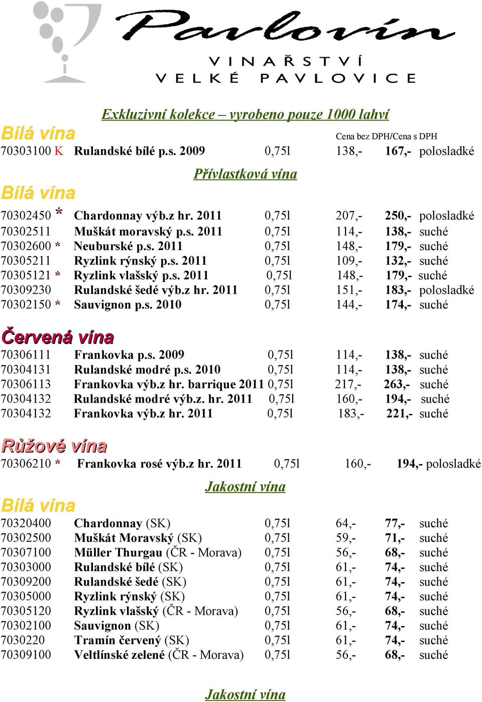 s. 2011 Neuburské p.s. 2011 Ryzlink rýnský p.s. 2011 Ryzlink vlašský p.s. 2011 Rulandské šedé výb.z hr. 2011 Sauvignon p.s. 2010 70306111 70304131 70306113 70304132 70304132 70306210 * Frankovka rosé výb.