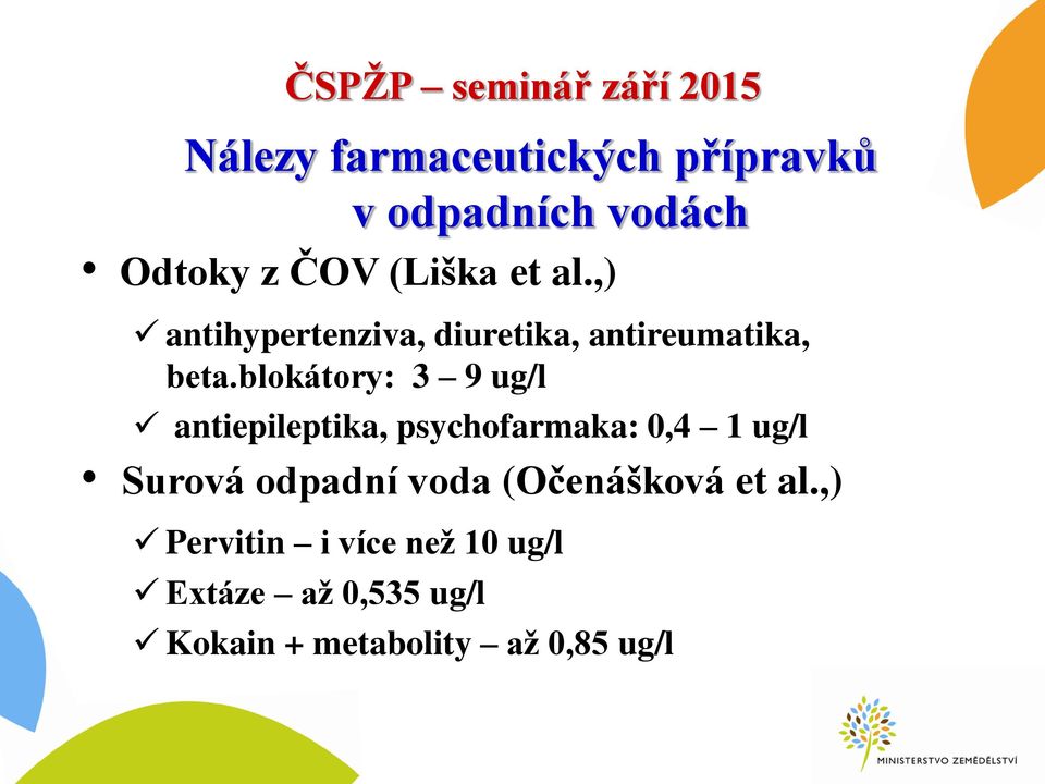 blokátory: 3 9 ug/l antiepileptika, psychofarmaka: 0,4 1 ug/l Surová odpadní