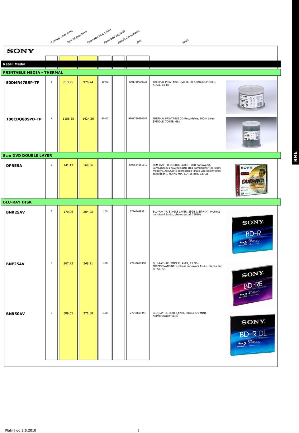 novými SONY UX1 kamkordéry (ne starší modely), AccuCORE technologie (100x více odolný proti poškrábání), HD:45 min, SD: 55 min, 2,6 GB BLU-RAY DISK BNR25AV 5 170,06 204,08 1.