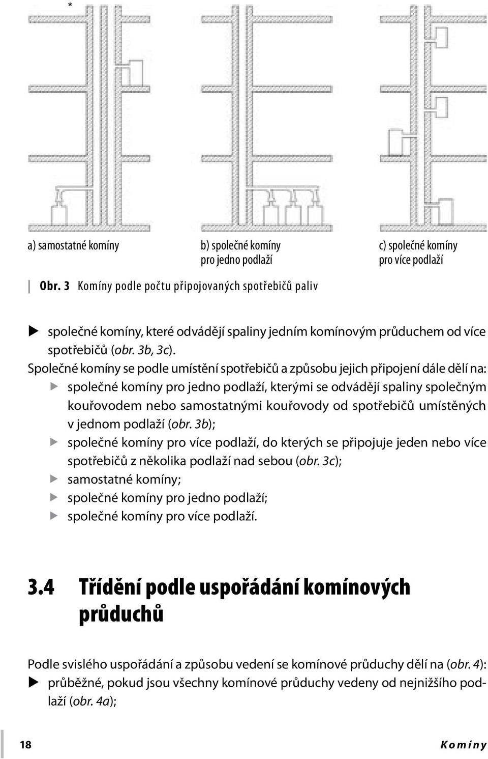 Společné komíny se podle umístění spotřebičů a způsobu jejich připojení dále dělí na: ff společné komíny pro jedno podlaží, kterými se odvádějí spaliny společným kouřovodem nebo samostatnými