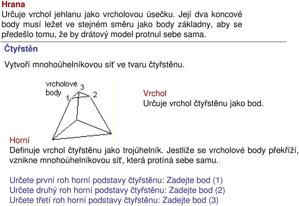 Čtyřstěn Vytvoří mnohoúhelníkovou síť ve tvaru čtyřstěnu. Vrchol Určuje vrchol čtyřstěnu jako bod. Horní Definuje vrchol čtyřstěnu jako trojúhelník.