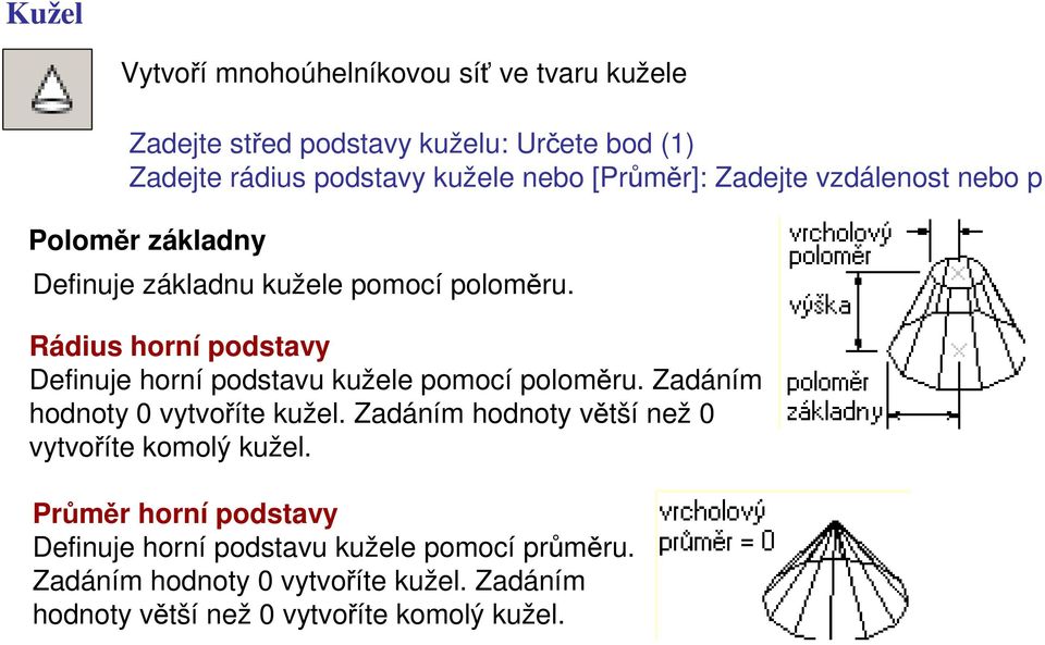 Rádius horní podstavy Definuje horní podstavu kužele pomocí poloměru. Zadáním hodnoty 0 vytvoříte kužel.