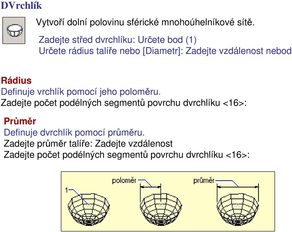 Rádius Definuje vrchlík pomocí jeho poloměru.