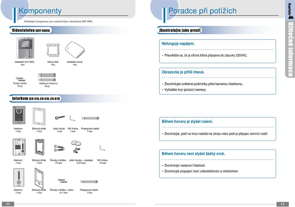 Kapitola Kapitola 3 4 Užitečné informace Šrouby k držáku 2kusy Kablíky pro interkomy 2kusy Zkontrolujte světelné podmínky před kamerou interkomu. Vyčistěte kryt (průzor) kamery.