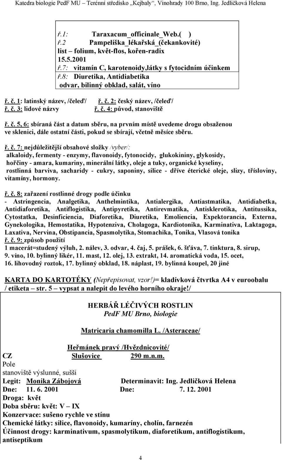 1: latinský název, /čeleď/ ř. č. 2: český název, /čeleď/ ř. č. 3: lidové názvy ř. č. 4: původ, stanoviště ř. č. 5, 6: sbíraná část a datum sběru, na prvním místě uvedeme drogu obsaženou ve sklenici, dále ostatní části, pokud se sbírají, včetně měsíce sběru.