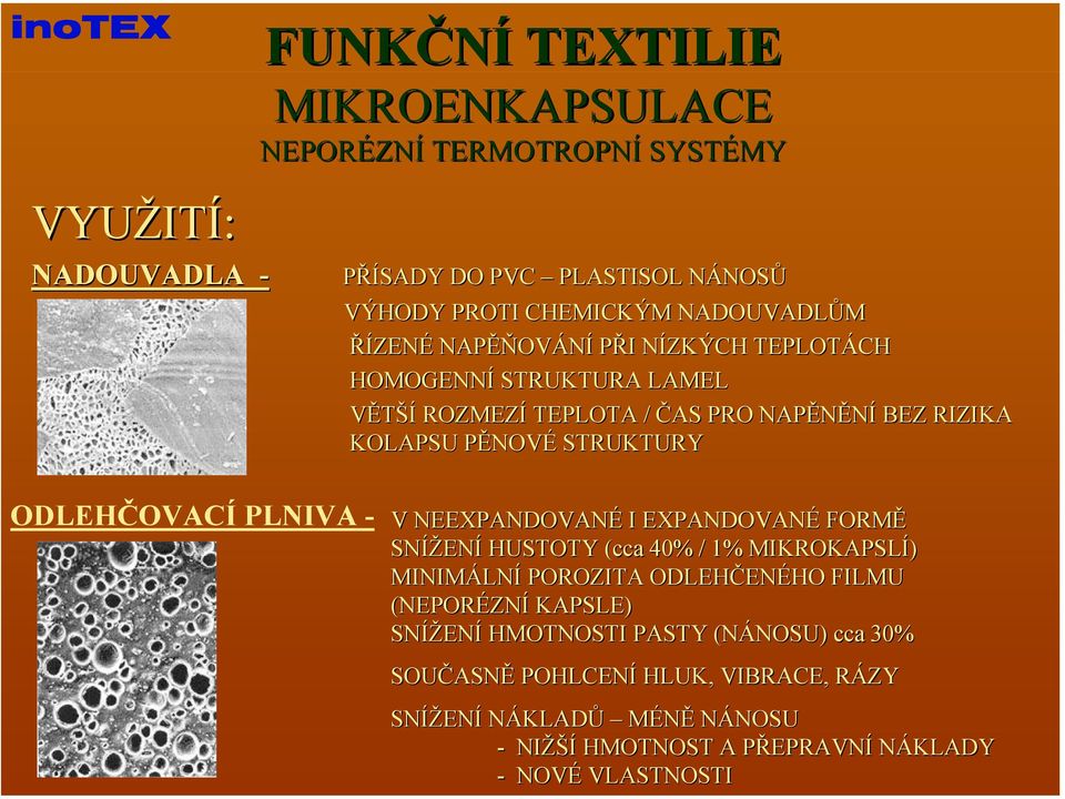 STRUKTURY ODLEHČOVACÍ PLNIVA - V NEEXPANDOVANÉ I EXPANDOVANÉ FORMĚ SNÍŽENÍ HUSTOTY (cca 40% / 1% MIKROKAPSLÍ) MINIMÁLNÍ POROZITA ODLEHČENÉHO FILMU