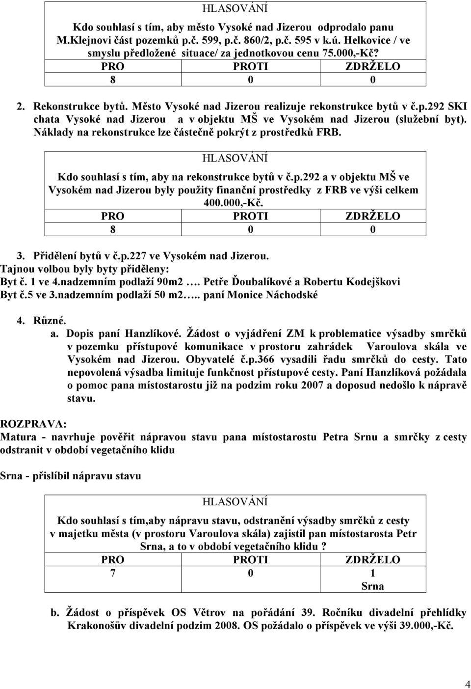 Náklady na rekonstrukce lze částečně pokrýt z prostředků FRB. Kdo souhlasí s tím, aby na rekonstrukce bytů v č.p.292 a v objektu MŠ ve Vysokém nad Jizerou byly použity finanční prostředky z FRB ve výši celkem 400.