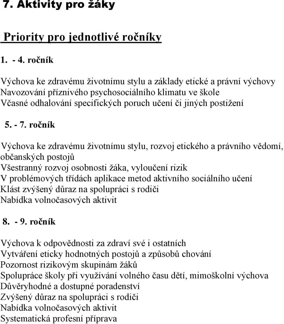 - 7. ročník Výchova ke zdravému životnímu stylu, rozvoj etického a právního vědomí, občanských postojů Všestranný rozvoj osobnosti žáka, vyloučení rizik V problémových třídách aplikace metod