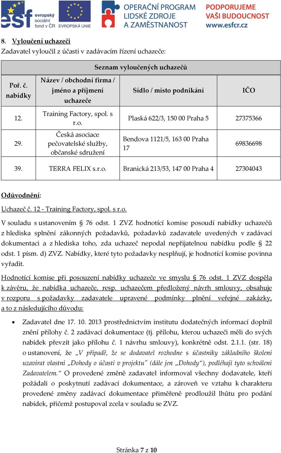 TERRA FELIX s.r.o. Branická 213/53, 147 00 Praha 4 27304043 Odůvodnění: Uchazeč č. 12 - Training Factory, spol. s r.o. V souladu s ustanovením 76 odst.