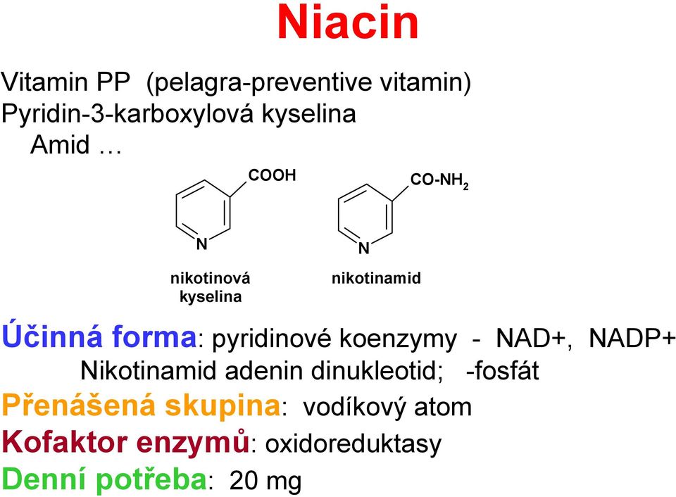 pyridinové koenzymy - AD+, ADP+ ikotinamid adenin dinukleotid; -fosfát