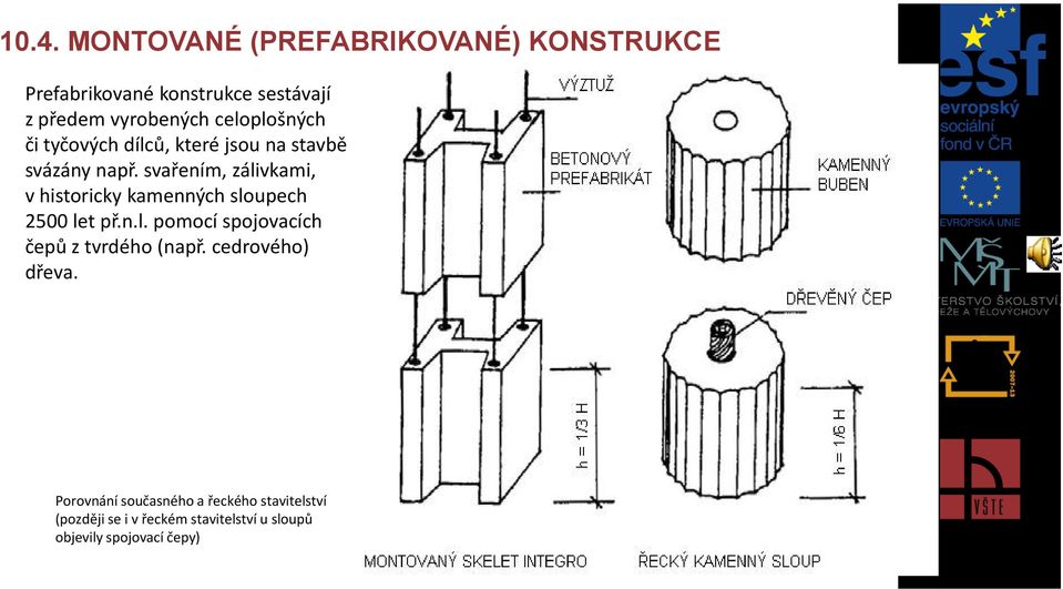 svařením, zálivkami, v historicky kamenných sloupech 2500 let př.n.l. pomocí spojovacích čepů z tvrdého (např.