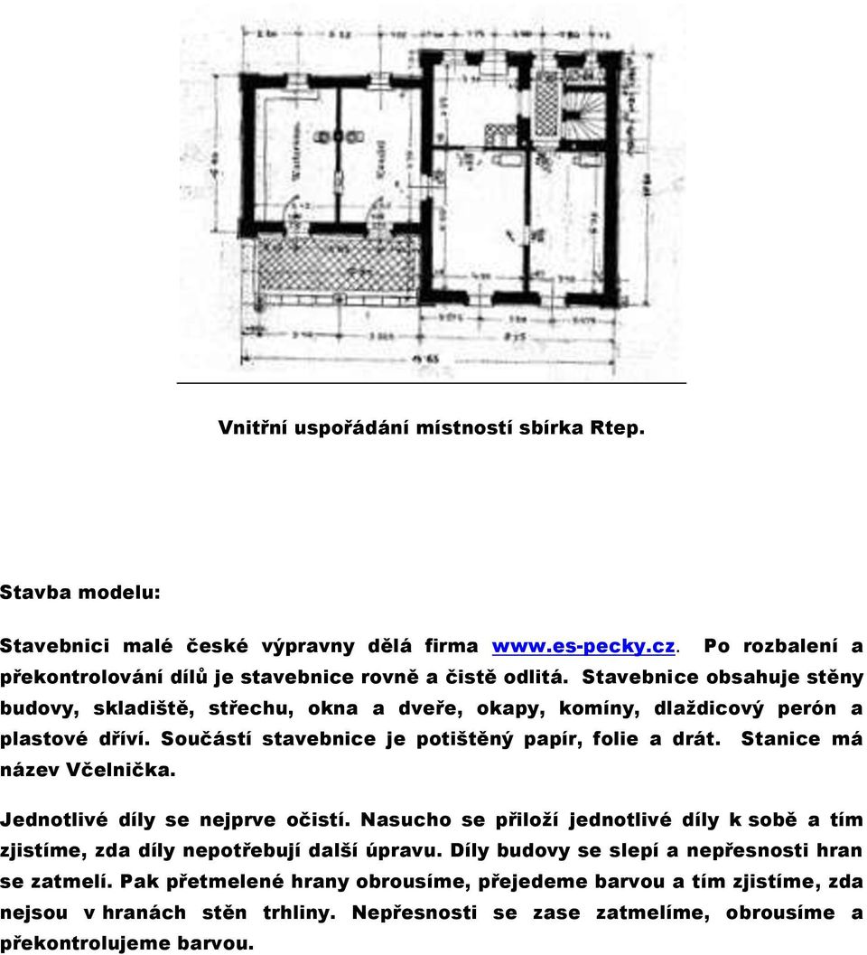 Stavebnice obsahuje stěny budovy, skladiště, střechu, okna a dveře, okapy, komíny, dlaždicový perón a plastové dříví. Součástí stavebnice je potištěný papír, folie a drát.