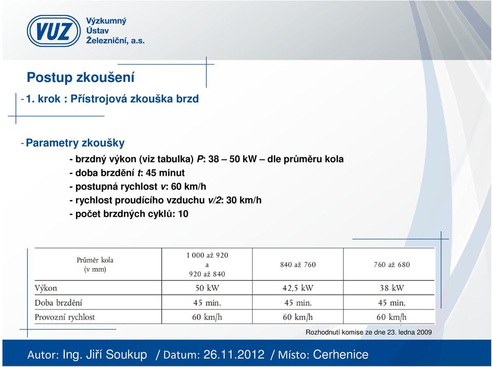 tabulka) P: 38 50 kw dle průměru kola - doba brzdění t: 45 minut -