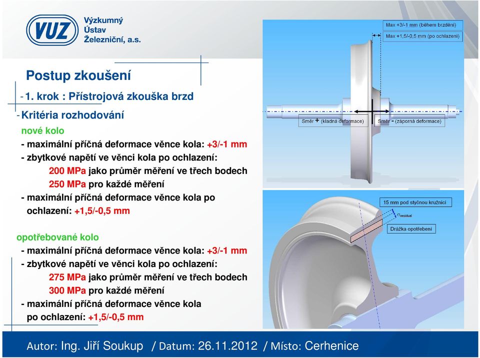 kola po ochlazení: 200 MPa jako průměr měření ve třech bodech 250 MPa pro každé měření - maximální příčná deformace věnce kola po ochlazení: