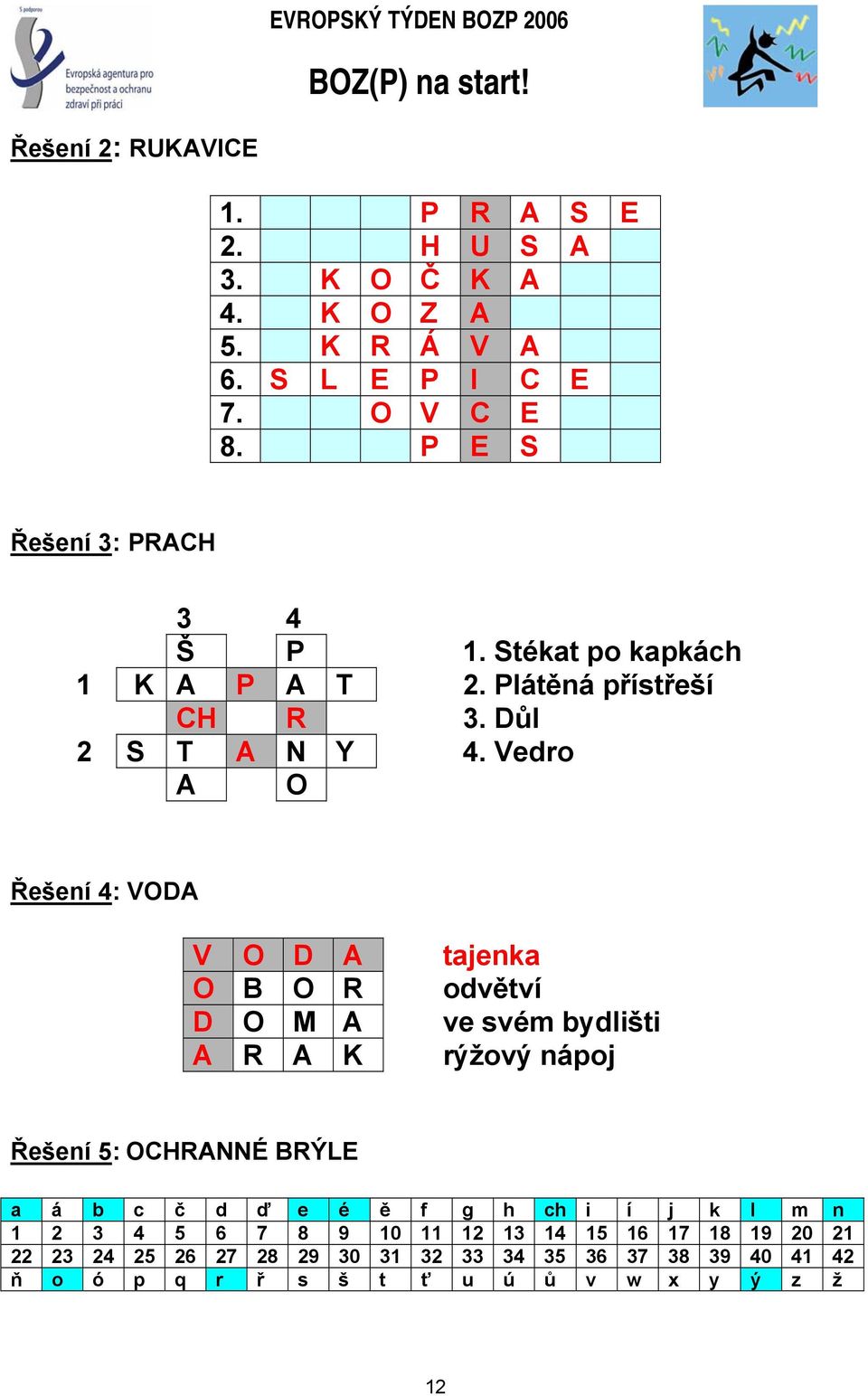 Vedro A O Řešení 4: VODA V O D A tajenka O B O R odvětví D O M A ve svém bydlišti A R A K rýžový nápoj Řešení 5: OCHRANNÉ BRÝLE a á b c č