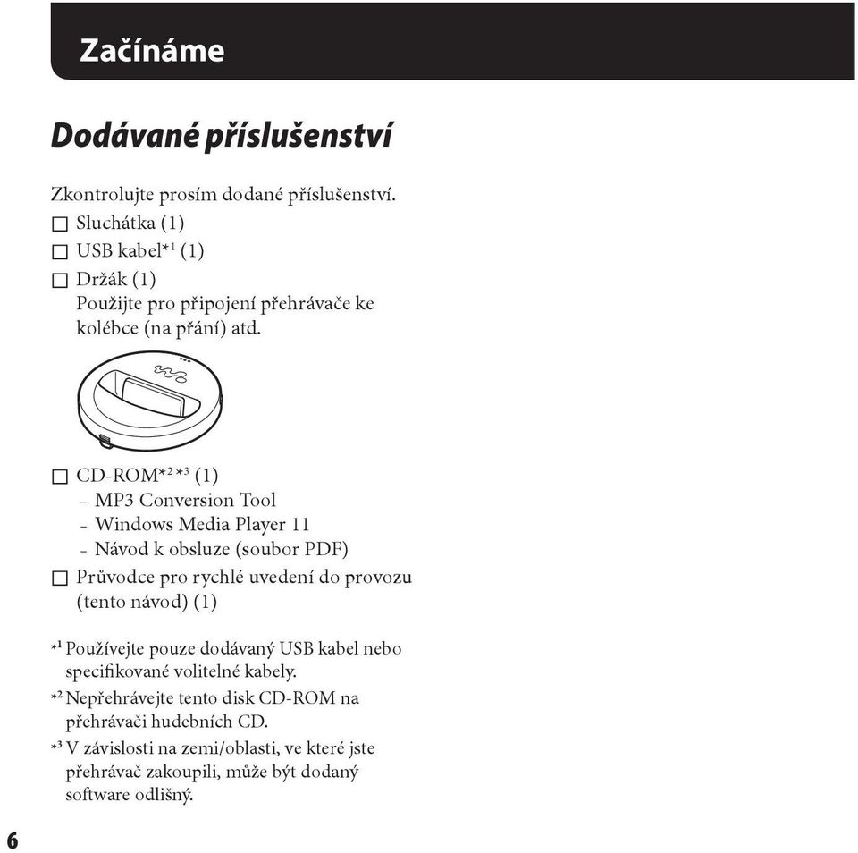 CD-ROM* 2 * 3 (1) MP3 Conversion Tool Windows Media Player 11 Návod k obsluze (soubor PDF) Průvodce pro rychlé uvedení do provozu (tento