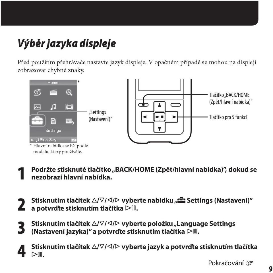 1 Podržte 2 Stisknutím 3 Stisknutím 4 Stisknutím stisknuté tlačítko BACK/HOME (Zpět/hlavní nabídka), dokud se nezobrazí hlavní nabídka.