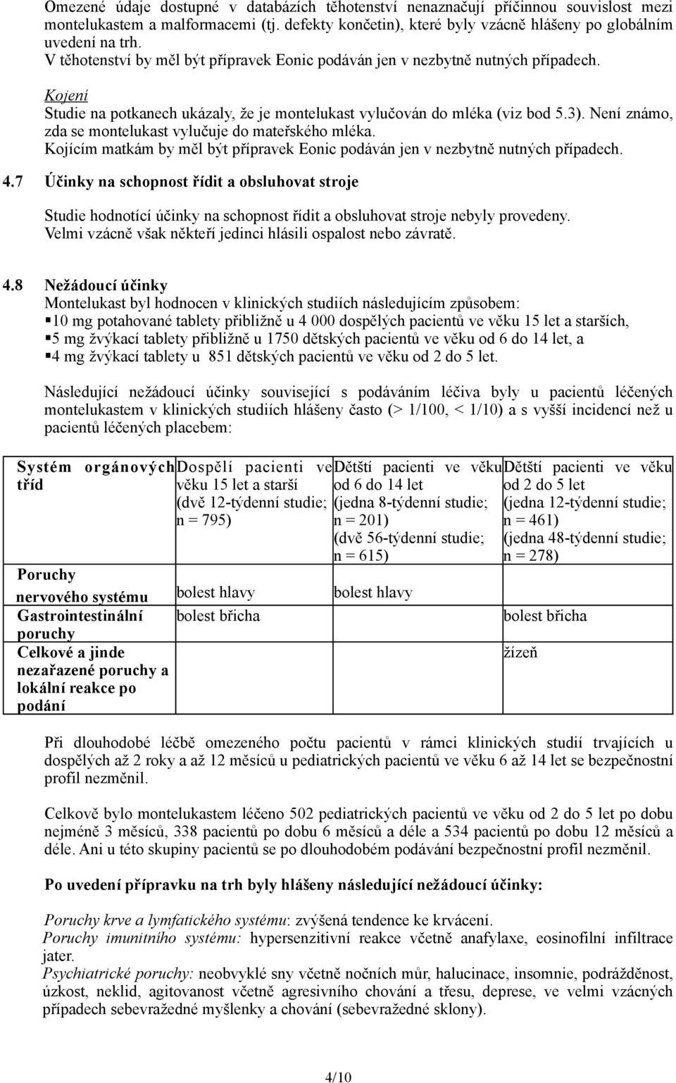 Není známo, zda se montelukast vylučuje do mateřského mléka. Kojícím matkám by měl být přípravek Eonic podáván jen v nezbytně nutných případech. 4.