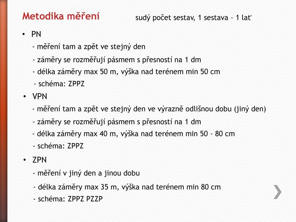 výrazně odlišnou dobu (jiný den) - záměry se rozměřují pásmem s přesností na 1 dm - délka záměry max 40 m, výška nad terénem