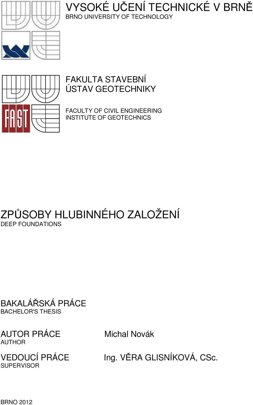 HLUBINNÉHO ZALOŽENÍ DEEP FOUNDATIONS BAKALÁŘSKÁ PRÁCE BACHELOR'S THESIS AUTOR
