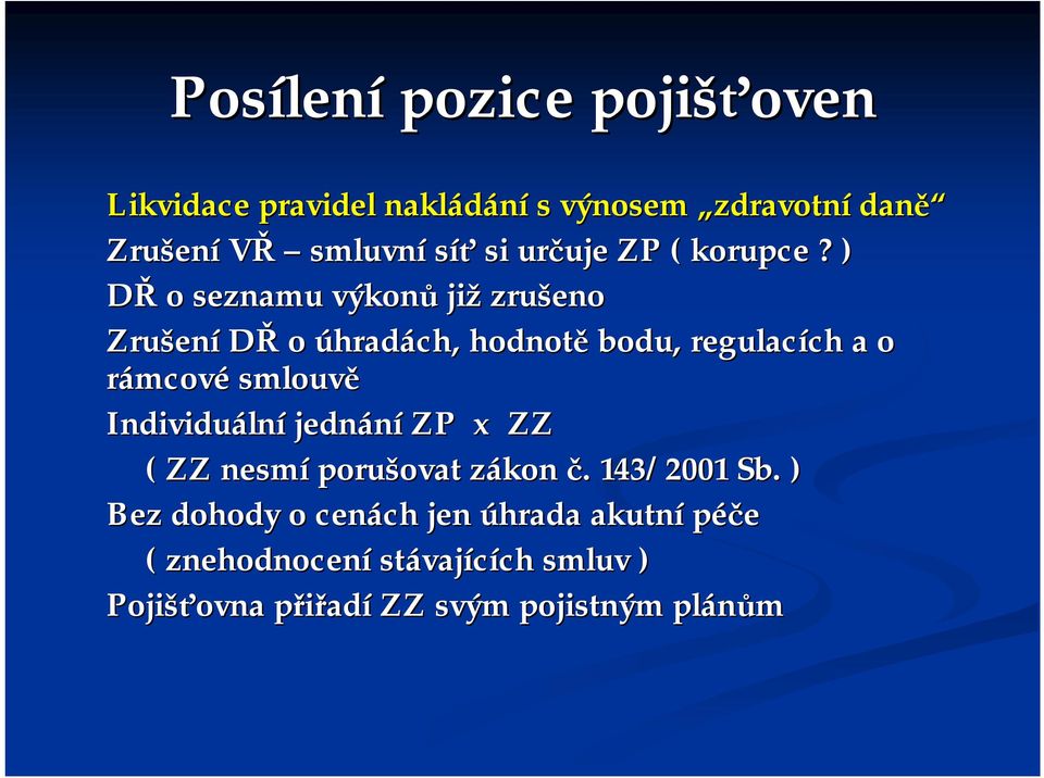 ) DŘ o seznamu výkonů již zrušeno Zrušení DŘ o úhradách, hodnotě bodu, regulacích a o rámcové smlouvě