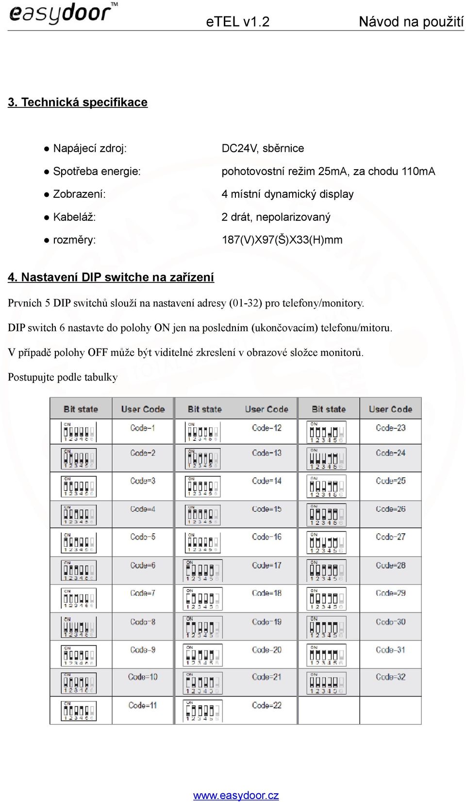 Nastavení DIP switche na zařízení Prvních 5 DIP switchů slouží na nastavení adresy (01-32) pro telefony/monitory.