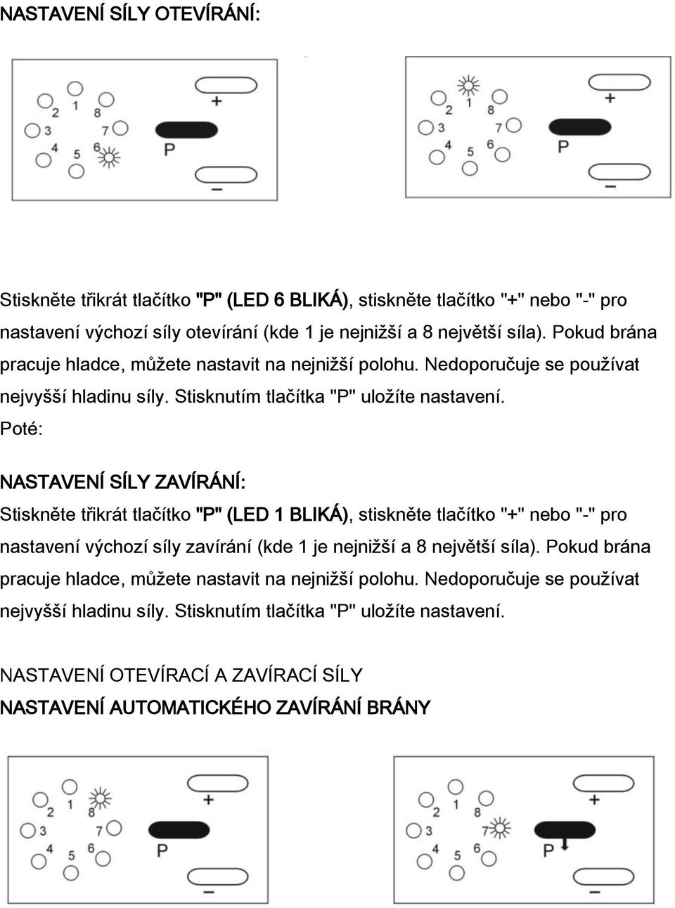 Poté: NASTAVENÍ SÍLY ZAVÍRÁNÍ: Stiskněte třikrát tlačítko "P" (LED 1 BLIKÁ), stiskněte tlačítko "+" nebo "-" pro nastavení výchozí síly zavírání (kde 1 je nejnižší a 8 největší síla).