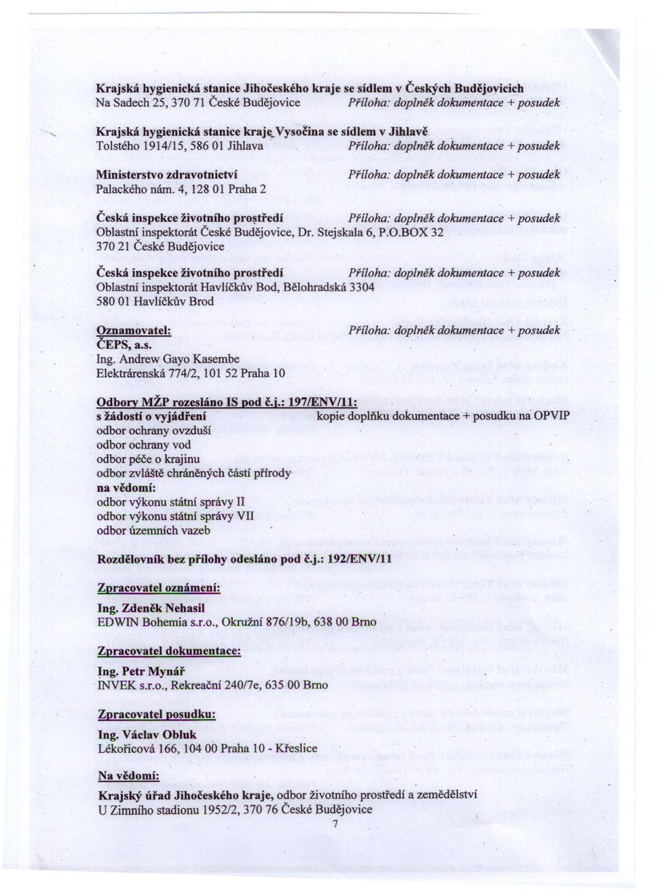 Stejska1a 6, P.O.BOX 32 37021 České Budějovice. Česká inspekce životního prostředí Oblastní inspektorát Havlíčkův Bod, Bělohradská 3304 58001 Havlíčkův Brod Oznamovatel: ČEPS, a.s.. Ing.