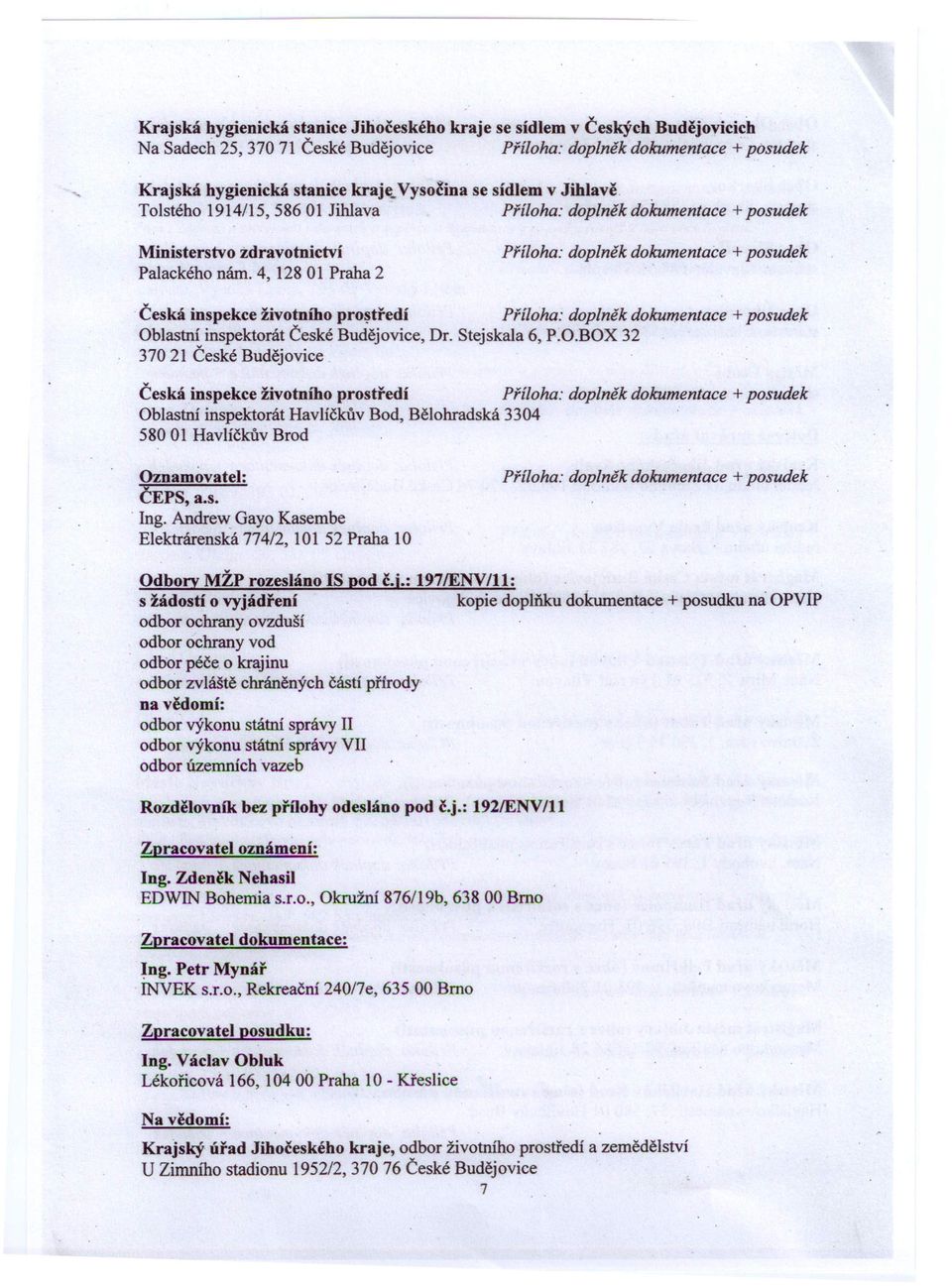 Stejska1a 6, P.O.BOX 32 37021 České Budějovice. Česká inspekce životního prostředí Oblastní inspektorát Havlíčkův Bod, Bělohradská 3304 58001 Havlíčkův Brod Oznamovatel: ČEPS, a.s.. Ing.