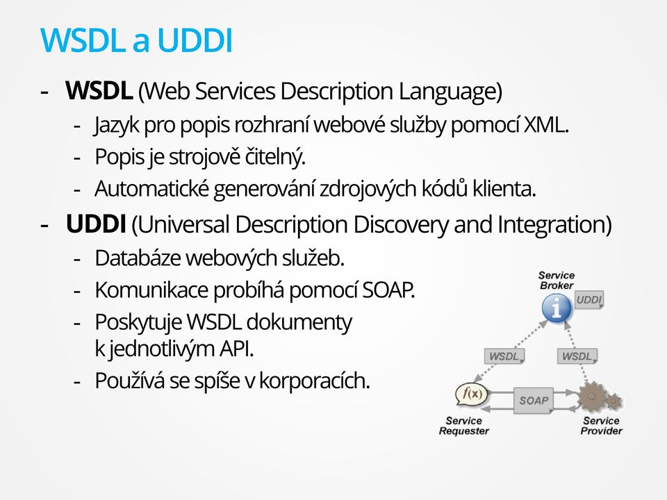- UDDI (Universal Description Discovery and Integration) - Databáze webových služeb.