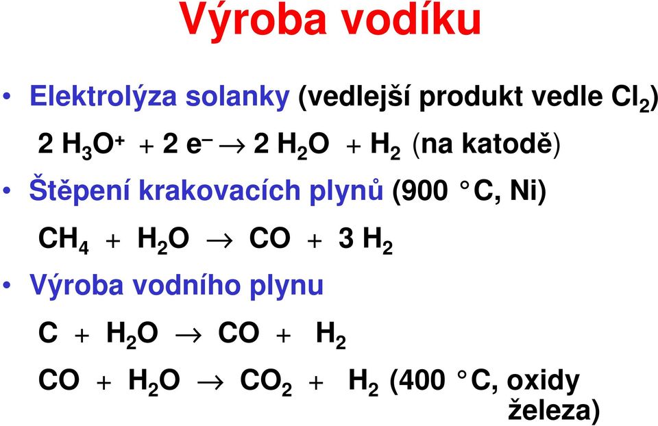 krakovacích plynů (900 C, Ni) CH 4 + H 2 O CO + 3 H 2 Výroba