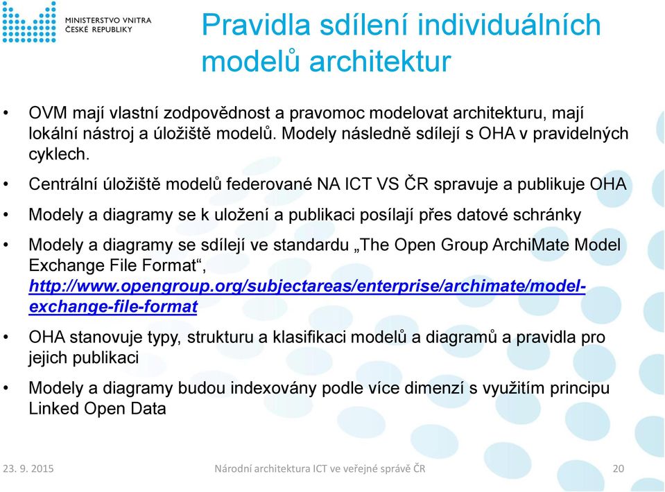 Centrální úložiště modelů federované NA ICT VS ČR spravuje a publikuje OHA Modely a diagramy se k uložení a publikaci posílají přes datové schránky Modely a diagramy se sdílejí ve standardu The