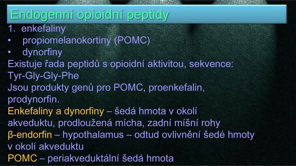 sekvence: Tyr-Gly-Gly-Phe Jsou produkty genů pro POMC, proenkefalin, prodynorfin.