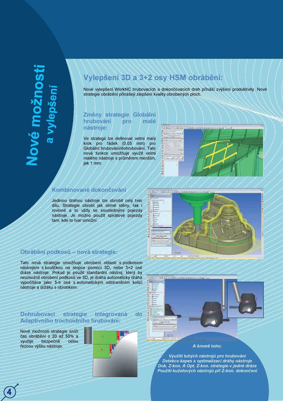 Tato nová funkce umožňuje využit velmi malého nástroje s průměrem menším, jak 1 mm. Kombinované dokončování Jedinou drahou nástroje lze obrobit celý tvar dílu.