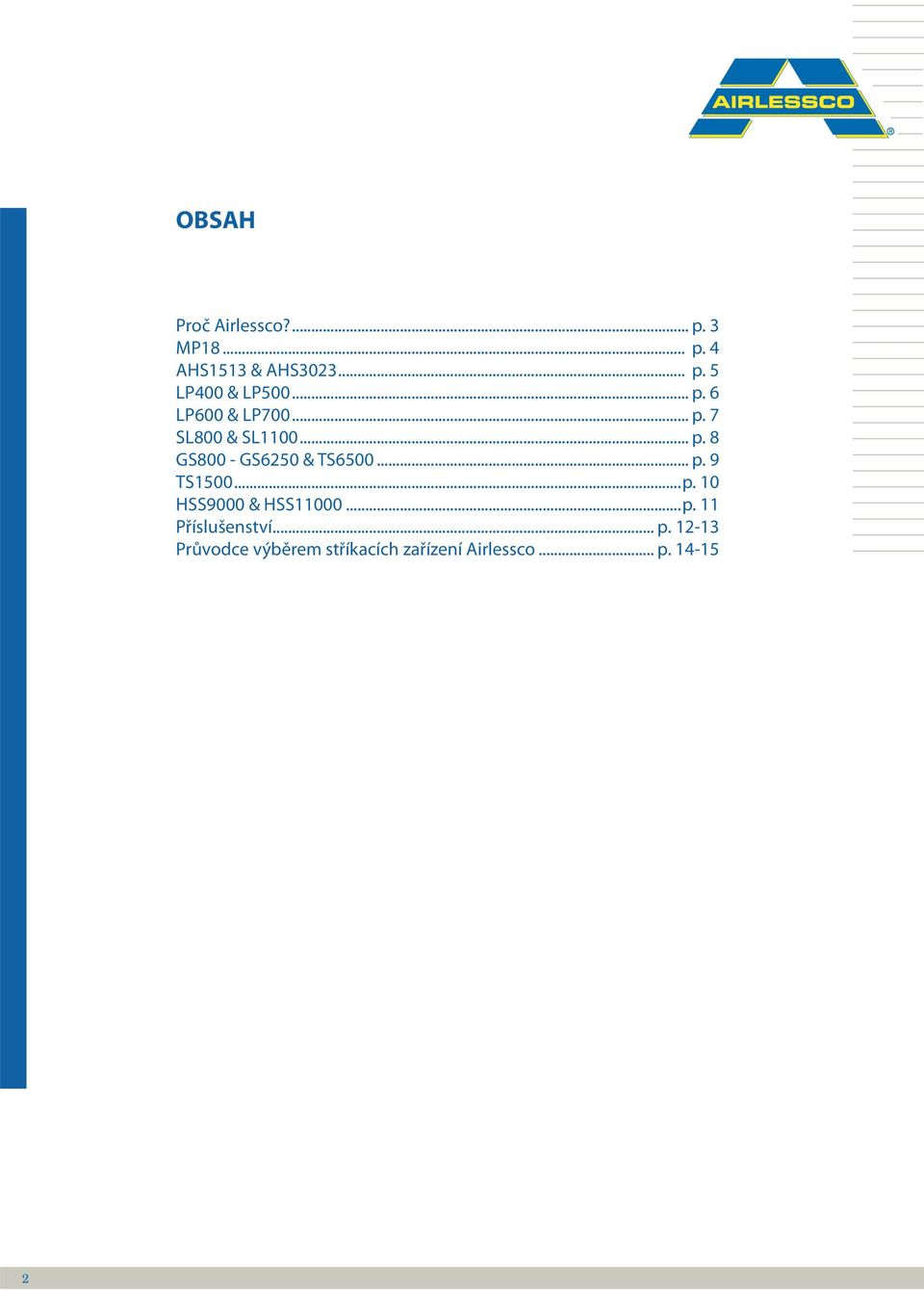 .. p. 9 TS1500...p. 10 HSS9000 & HSS11000...p. 11 Příslušenství... p. 12-13 Průvodce výběrem stříkacích zařízení Airlessco.